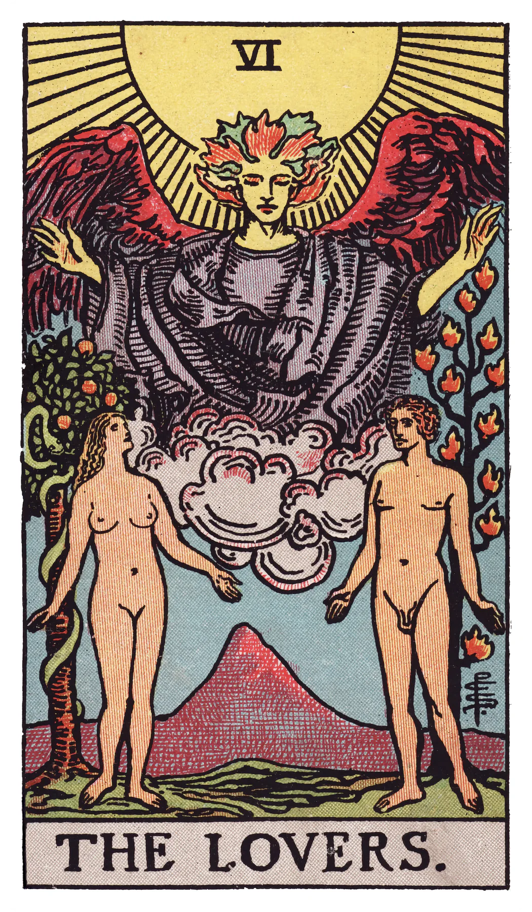 The Lovers tarot card from the public-domain Rider-Waite-Smith deck