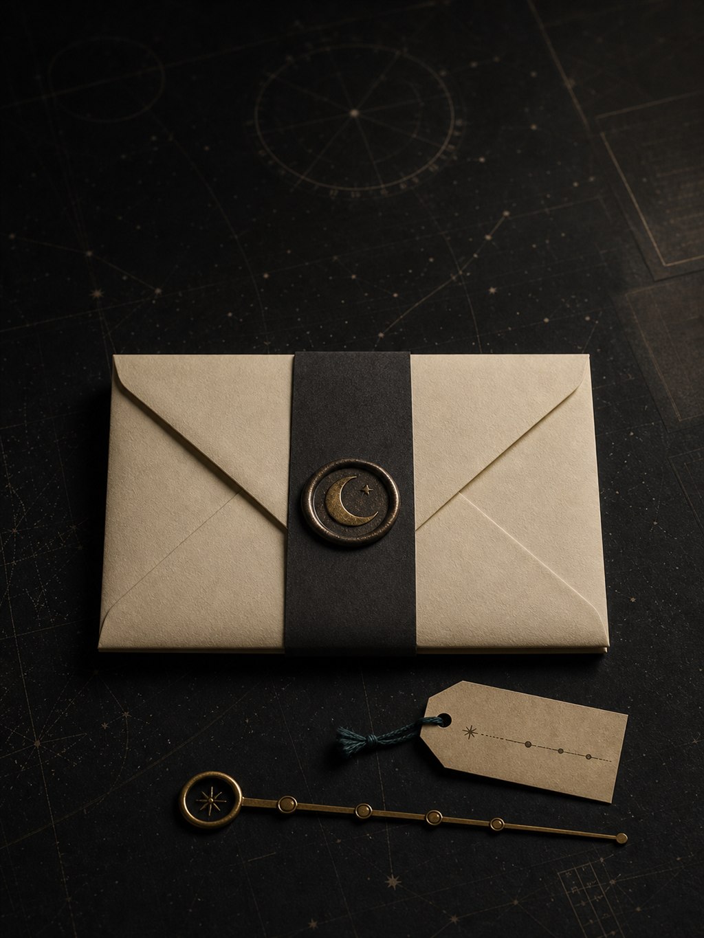 An ivory envelope with a crescent seal on a dark celestial archive surface
