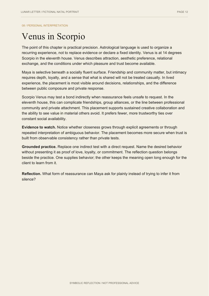 Venus in Scorpio interpretation page from the fictional sample report