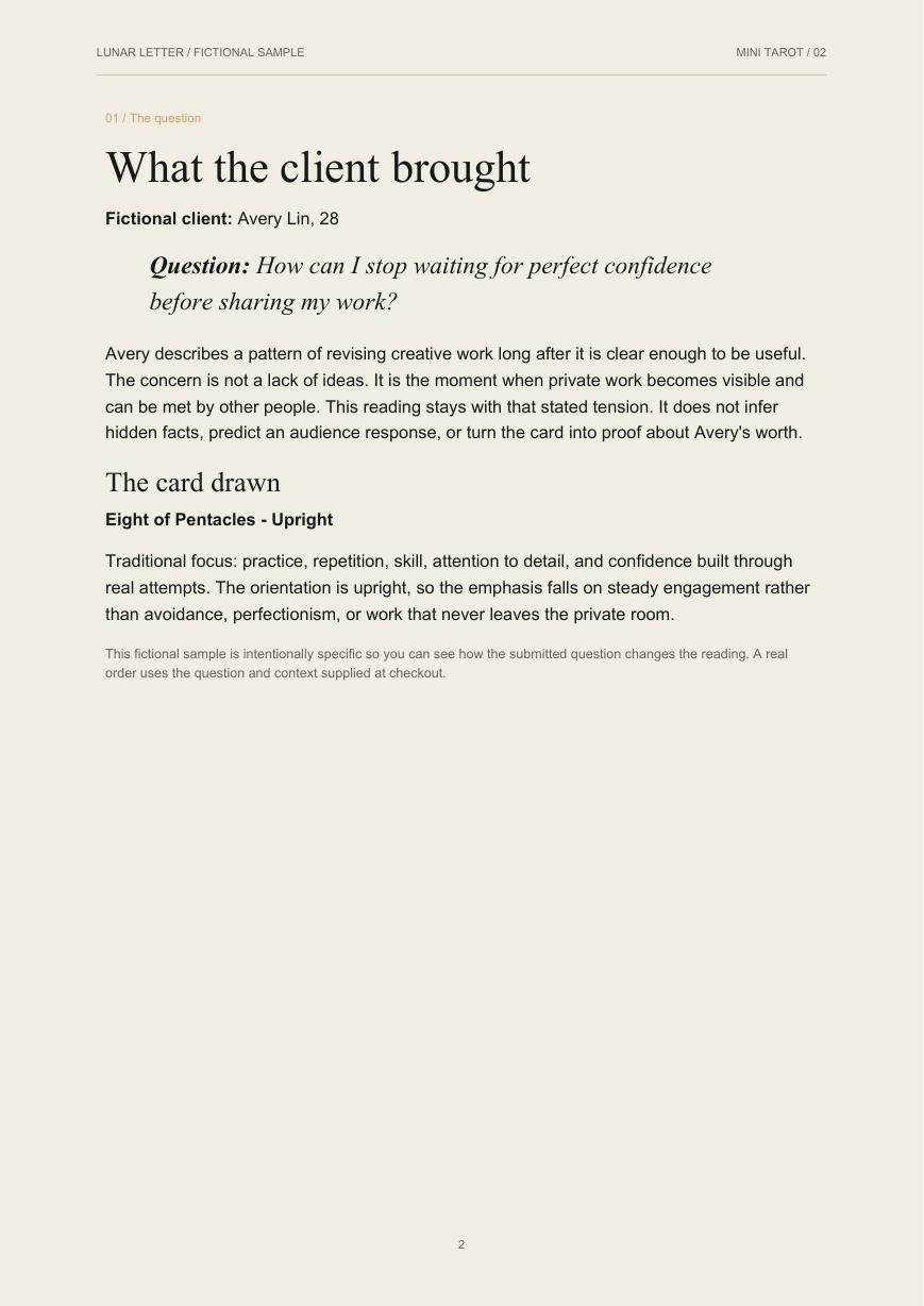 Question and selected card page from the Mini Tarot Reflection sample