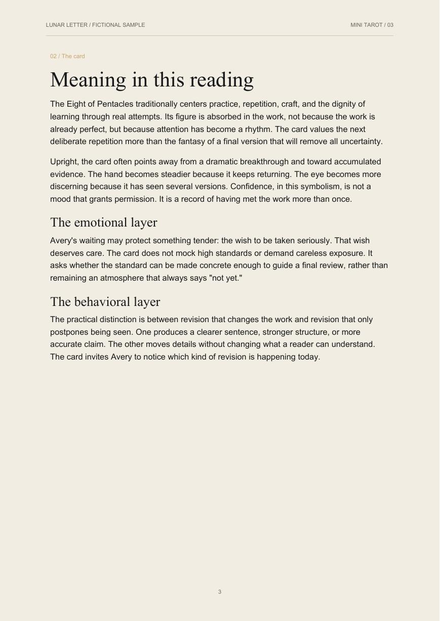 Card meaning page from the Mini Tarot Reflection sample