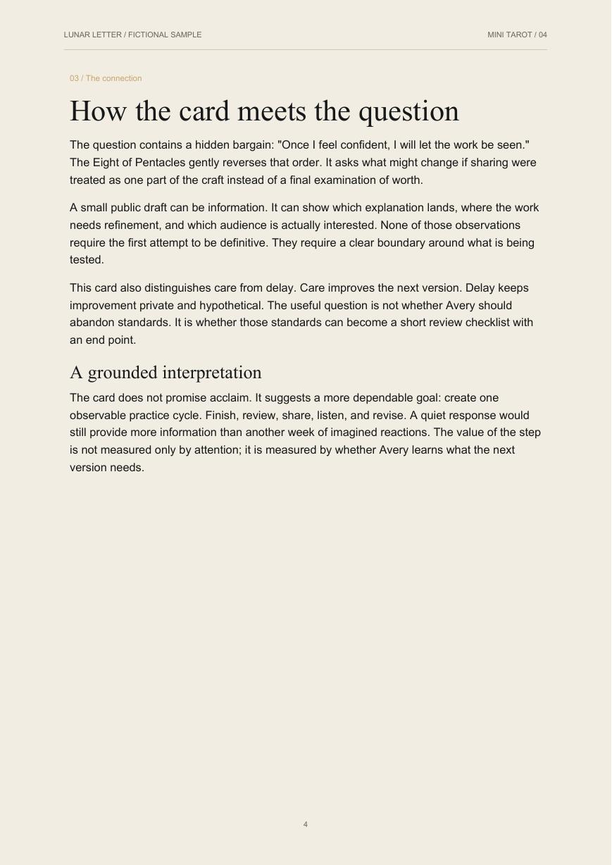 Question-aware interpretation page from the Mini Tarot Reflection sample