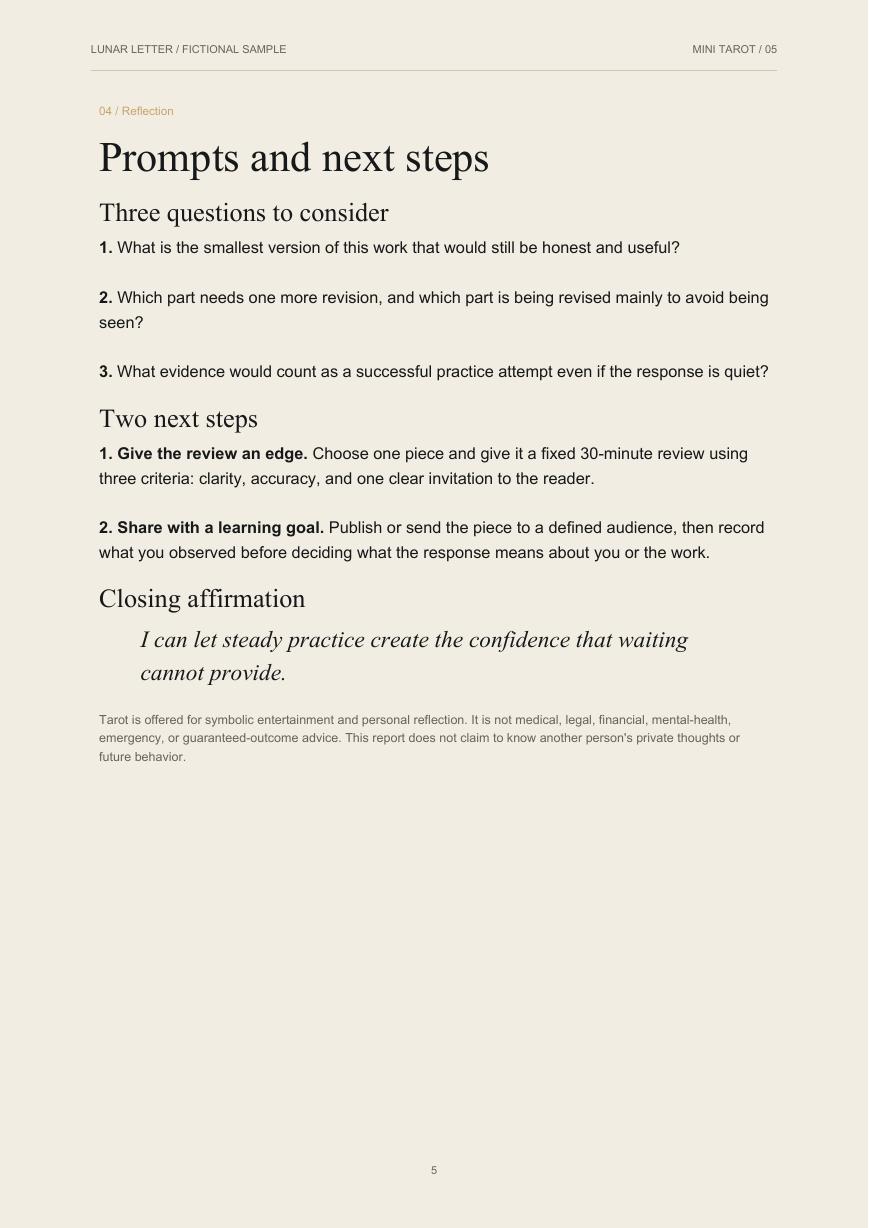 Prompts and next steps page from the Mini Tarot Reflection sample