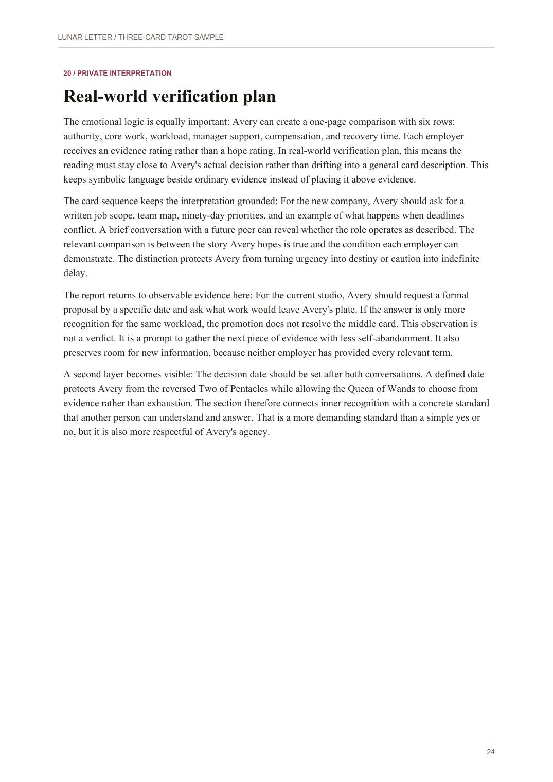 Real-world verification plan from the Three-Card Tarot sample