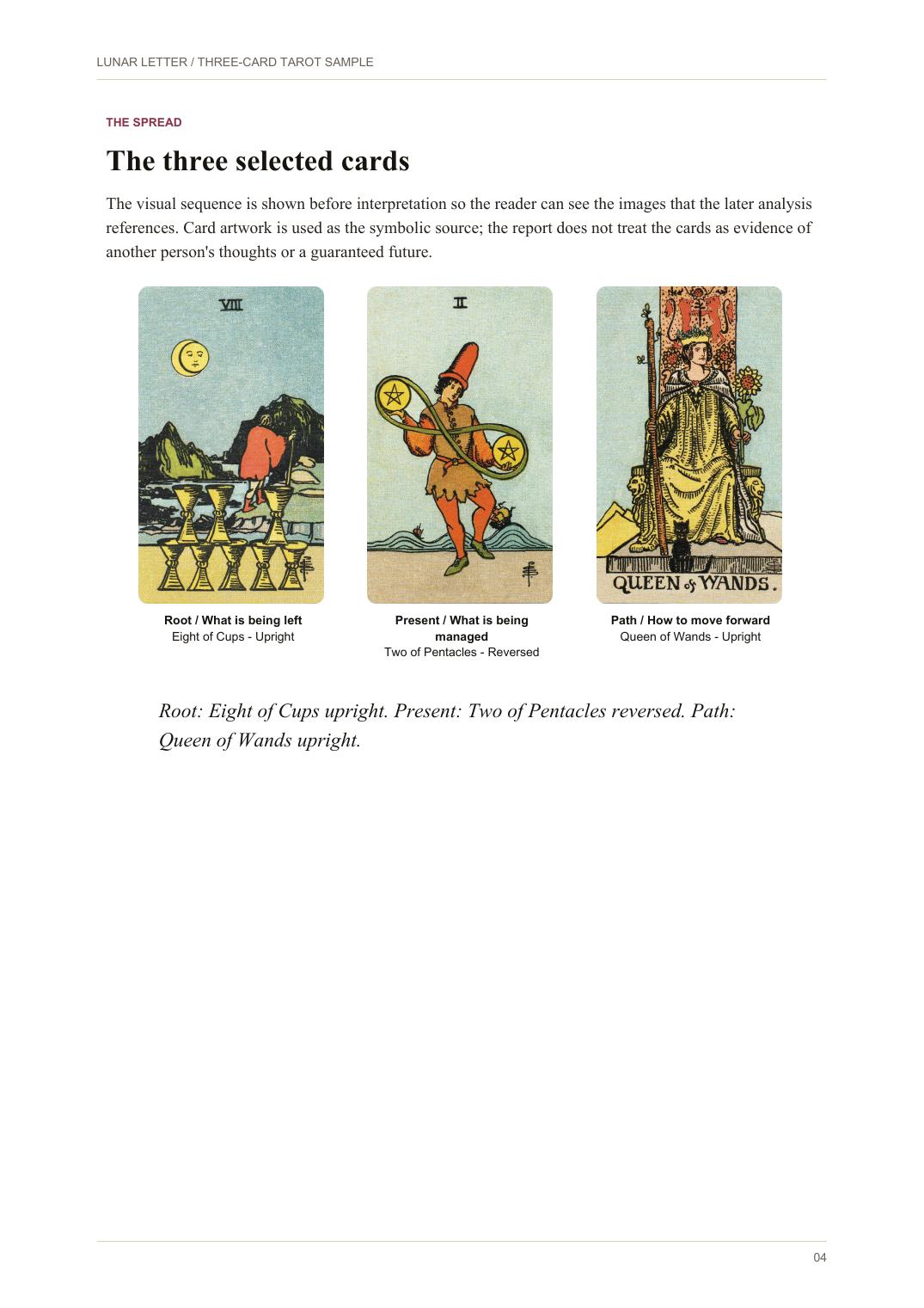 The three selected Rider-Waite-Smith cards in the sample report