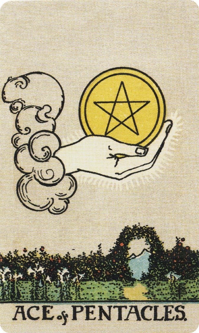 Ace of Pentacles tarot card from a traditional public-domain deck