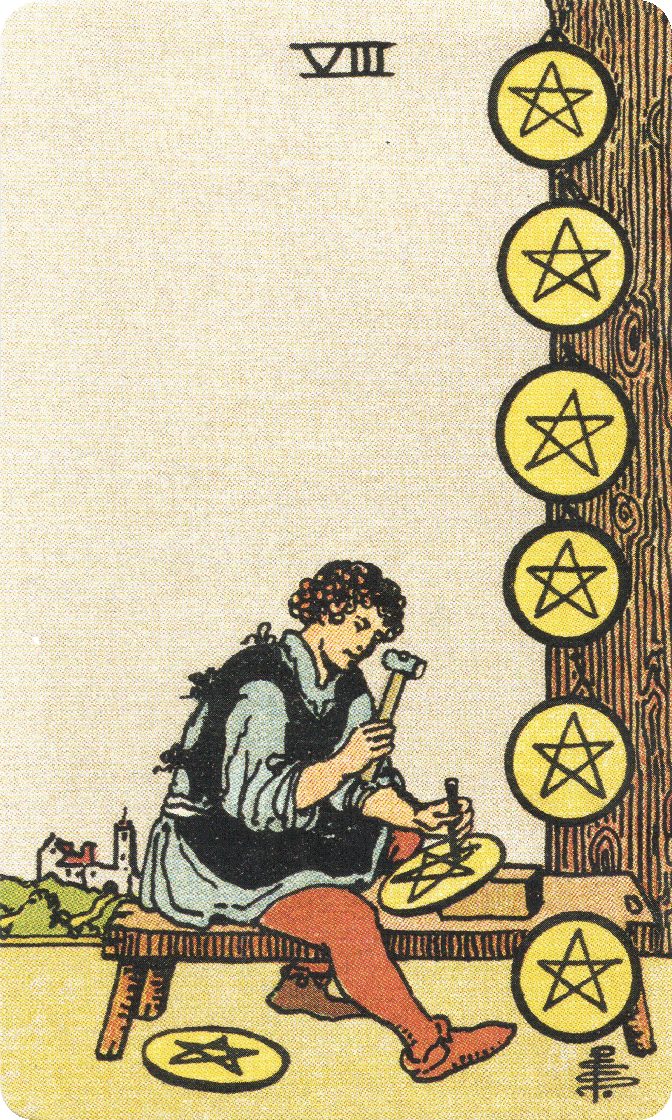 Eight of Pentacles tarot card from a traditional public-domain deck
