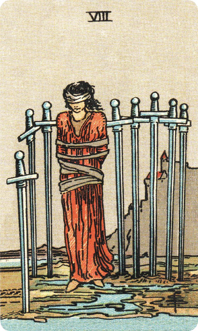 Eight of Swords tarot card from a traditional public-domain deck