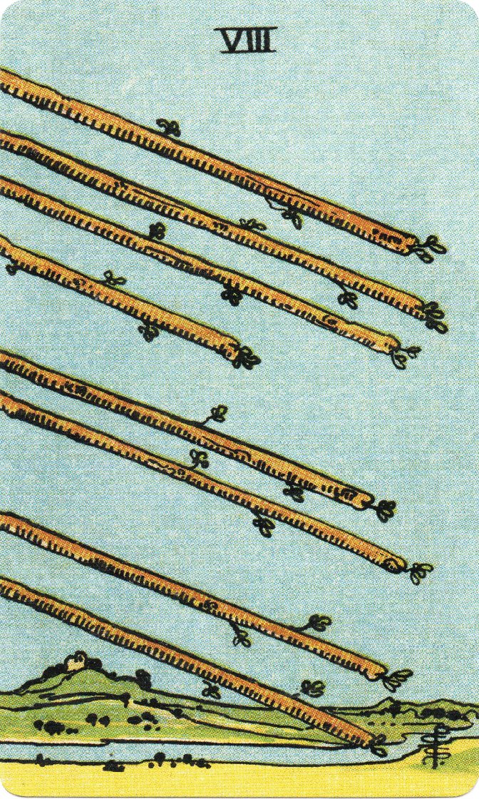 Eight of Wands tarot card from a traditional public-domain deck