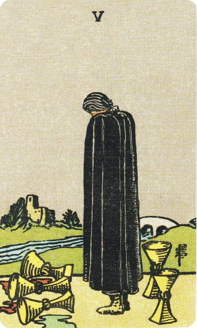 Five of Cups tarot card from a traditional public-domain deck