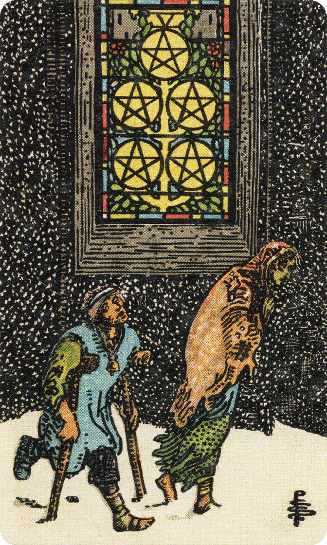Five of Pentacles tarot card from a traditional public-domain deck