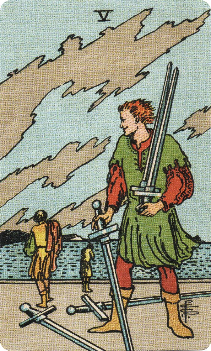 Five of Swords tarot card from a traditional public-domain deck