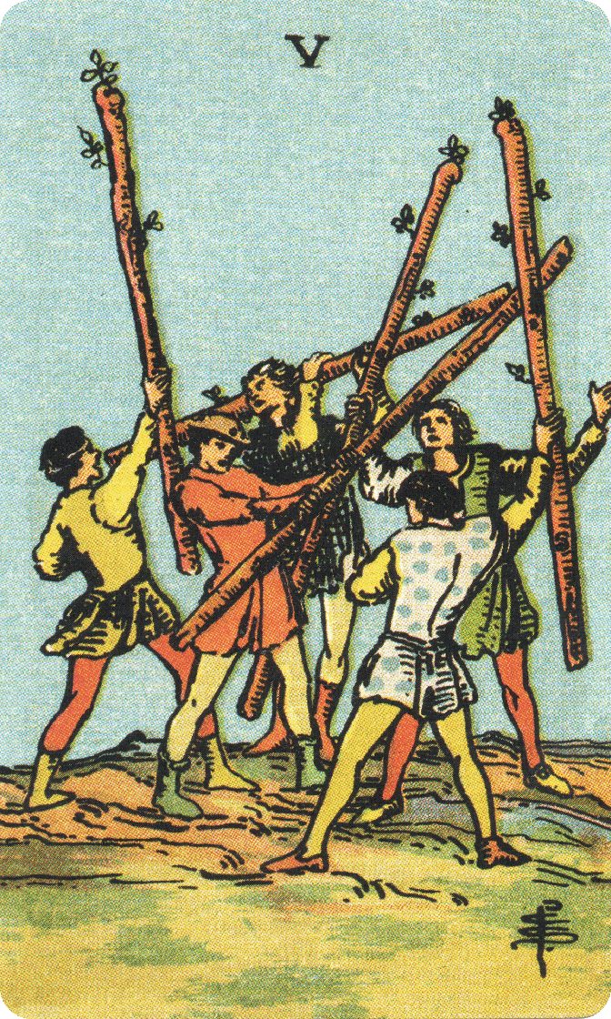 Five of Wands tarot card from a traditional public-domain deck