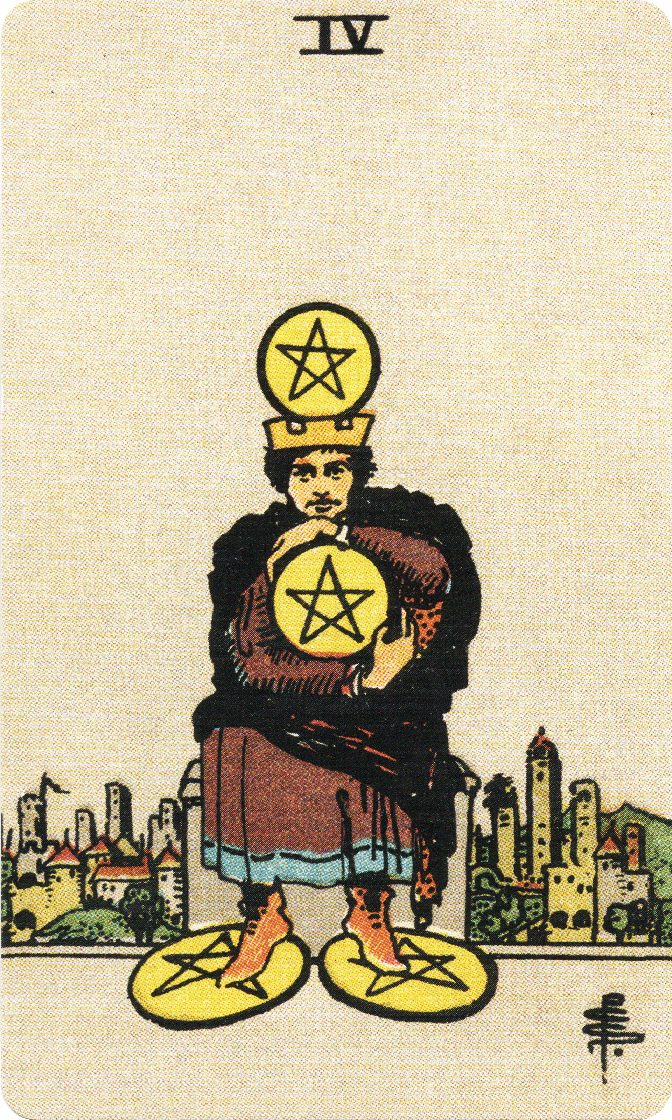 Four of Pentacles tarot card from a traditional public-domain deck