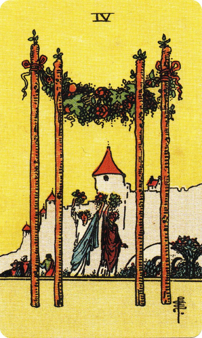 Four of Wands tarot card from a traditional public-domain deck