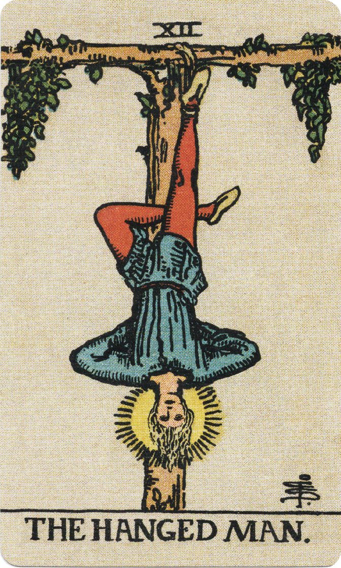 The Hanged Man tarot card from a traditional public-domain deck