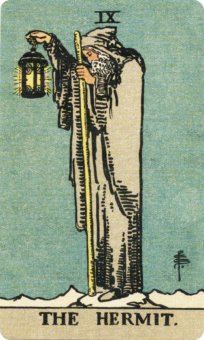 The Hermit tarot card from a traditional public-domain deck