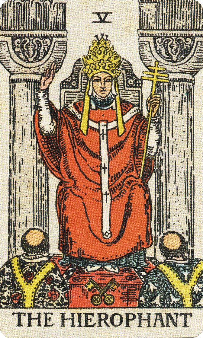 The Hierophant tarot card from a traditional public-domain deck