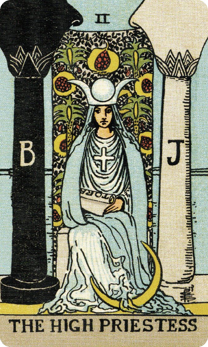 The High Priestess tarot card from a traditional public-domain deck