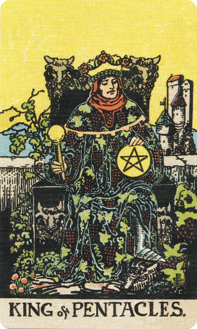 King of Pentacles tarot card from a traditional public-domain deck