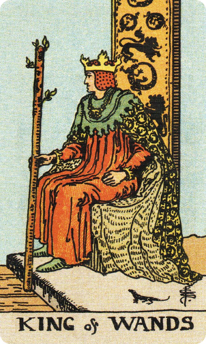 King of Wands tarot card from a traditional public-domain deck