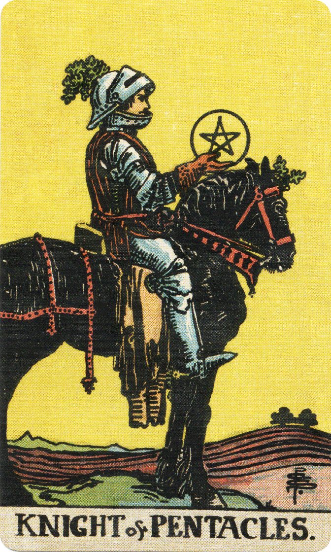 Knight of Pentacles tarot card from a traditional public-domain deck