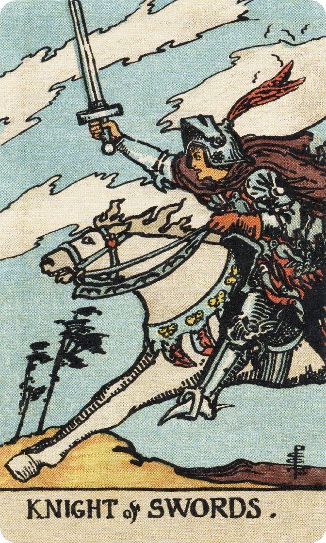 Knight of Swords tarot card from a traditional public-domain deck
