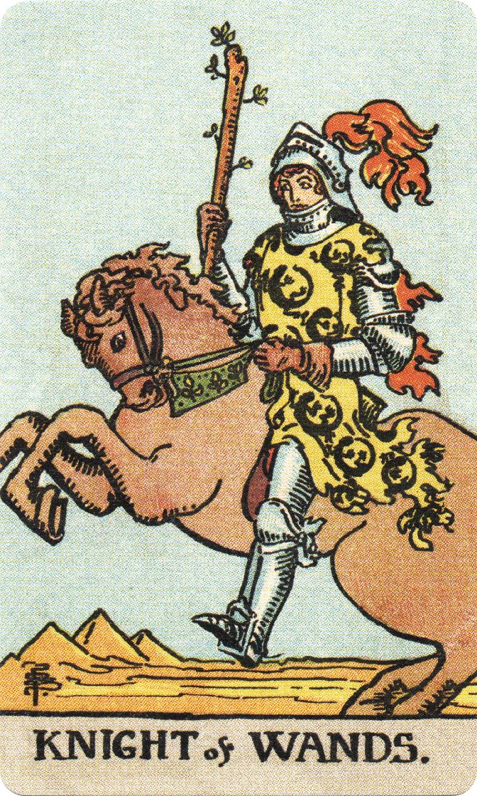 Knight of Wands tarot card from a traditional public-domain deck