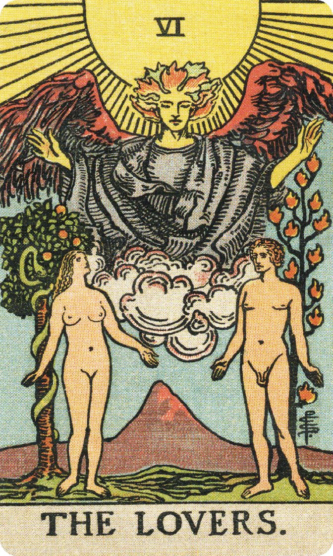 The Lovers tarot card from a traditional public-domain deck