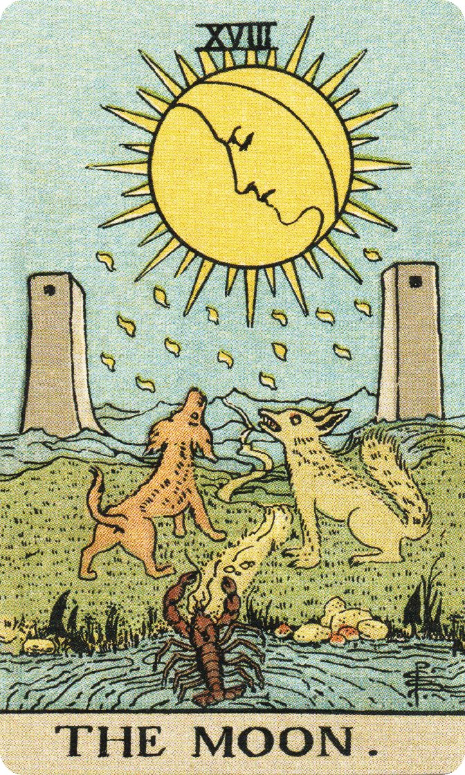 The Moon tarot card from a traditional public-domain deck