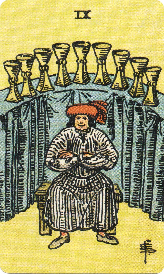 Nine of Cups tarot card from a traditional public-domain deck