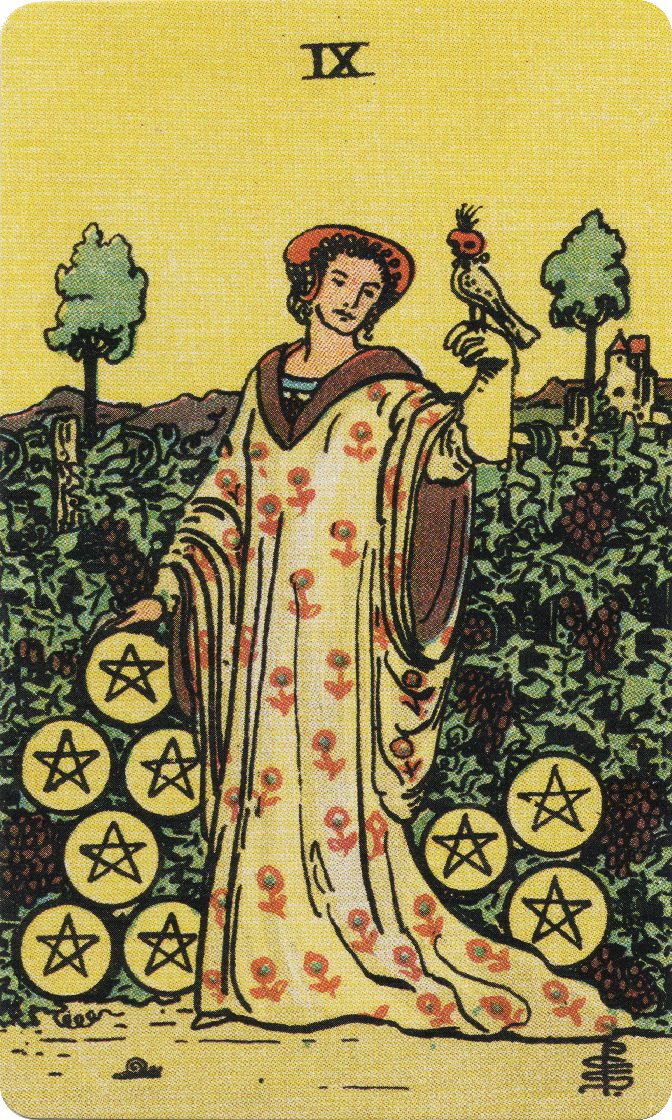 Nine of Pentacles tarot card from a traditional public-domain deck