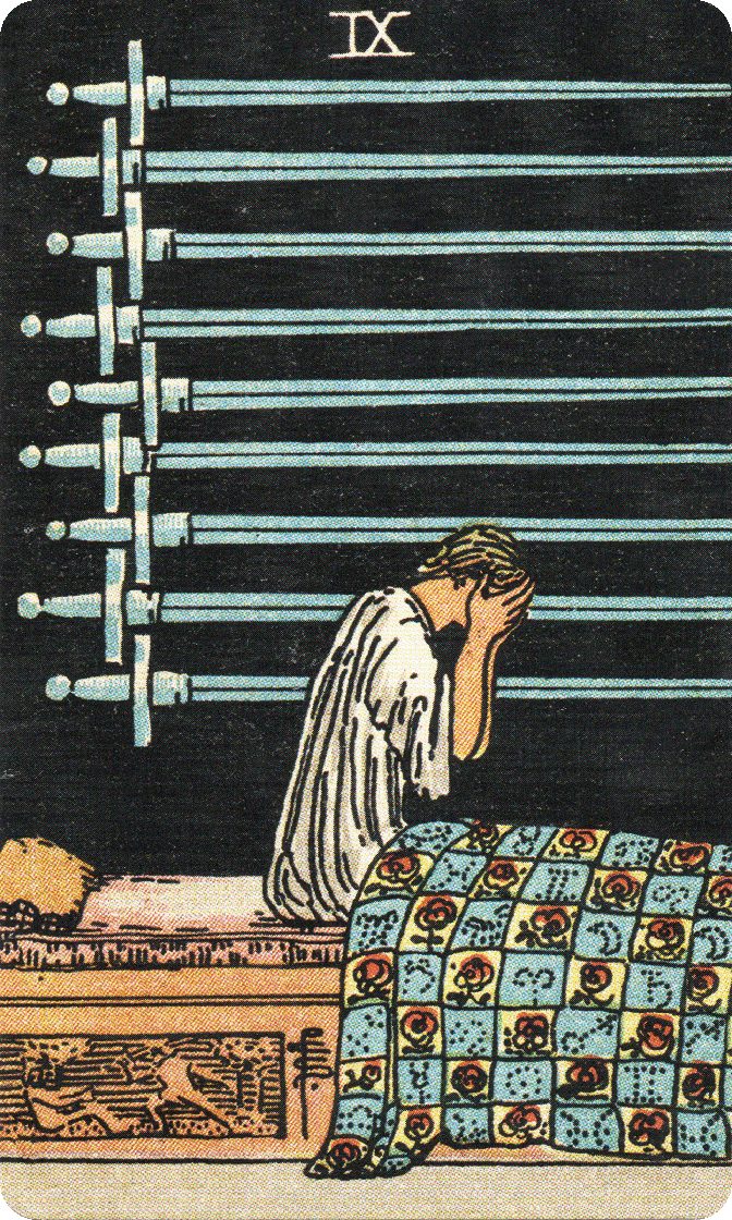 Nine of Swords tarot card from a traditional public-domain deck
