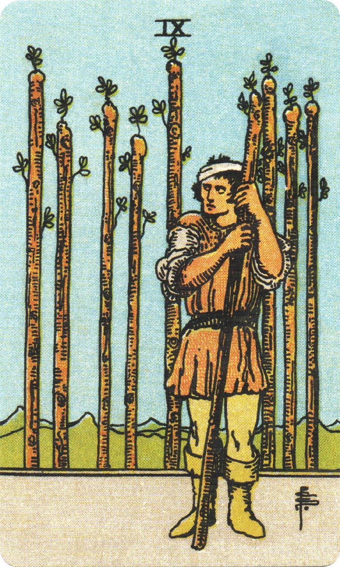 Nine of Wands tarot card from a traditional public-domain deck