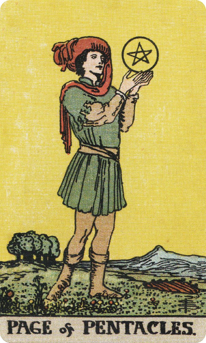 Page of Pentacles tarot card from a traditional public-domain deck