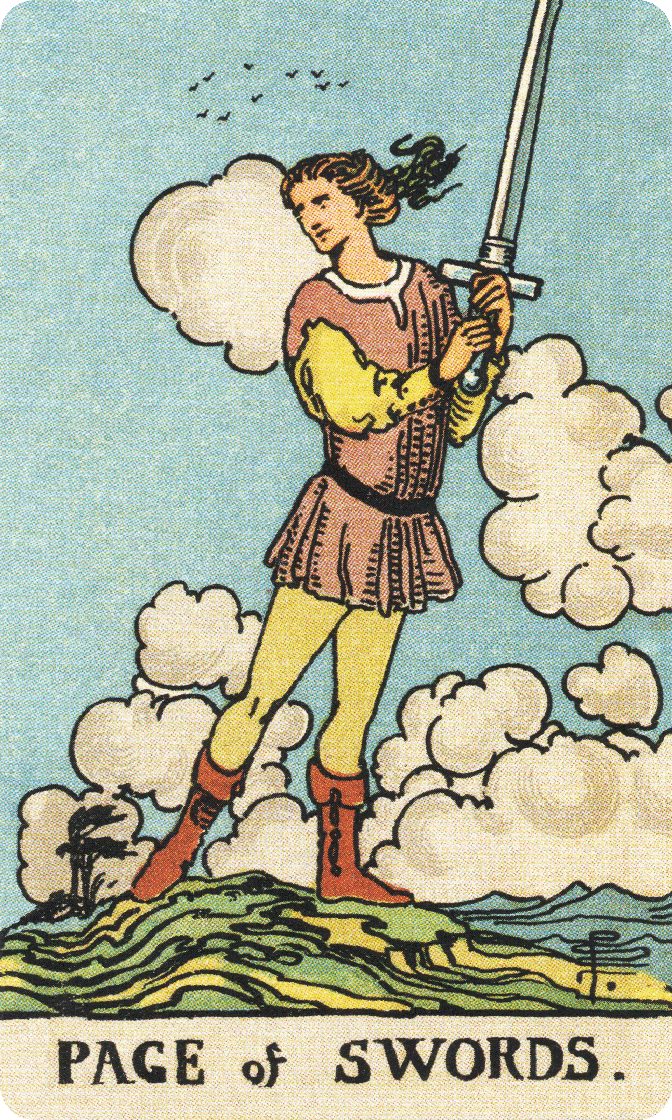 Page of Swords tarot card from a traditional public-domain deck