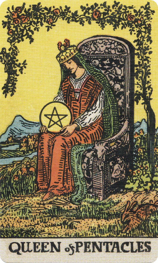 Queen of Pentacles tarot card from a traditional public-domain deck