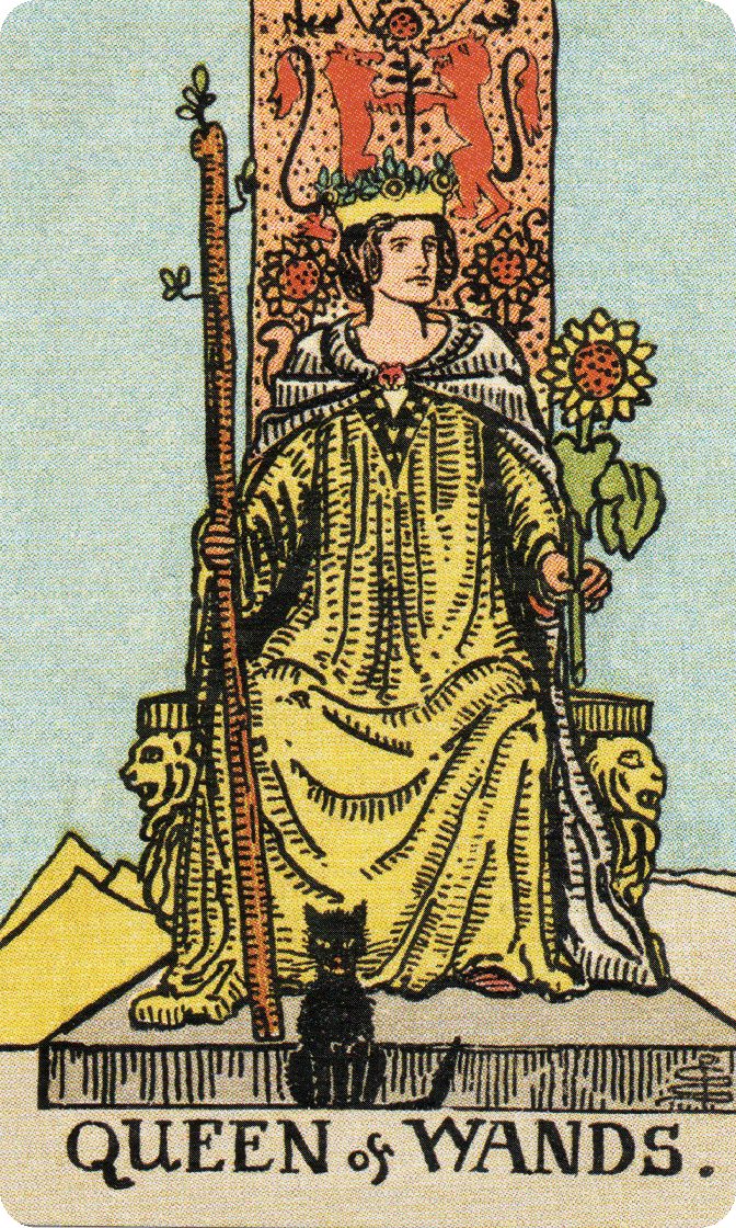 Queen of Wands tarot card from a traditional public-domain deck