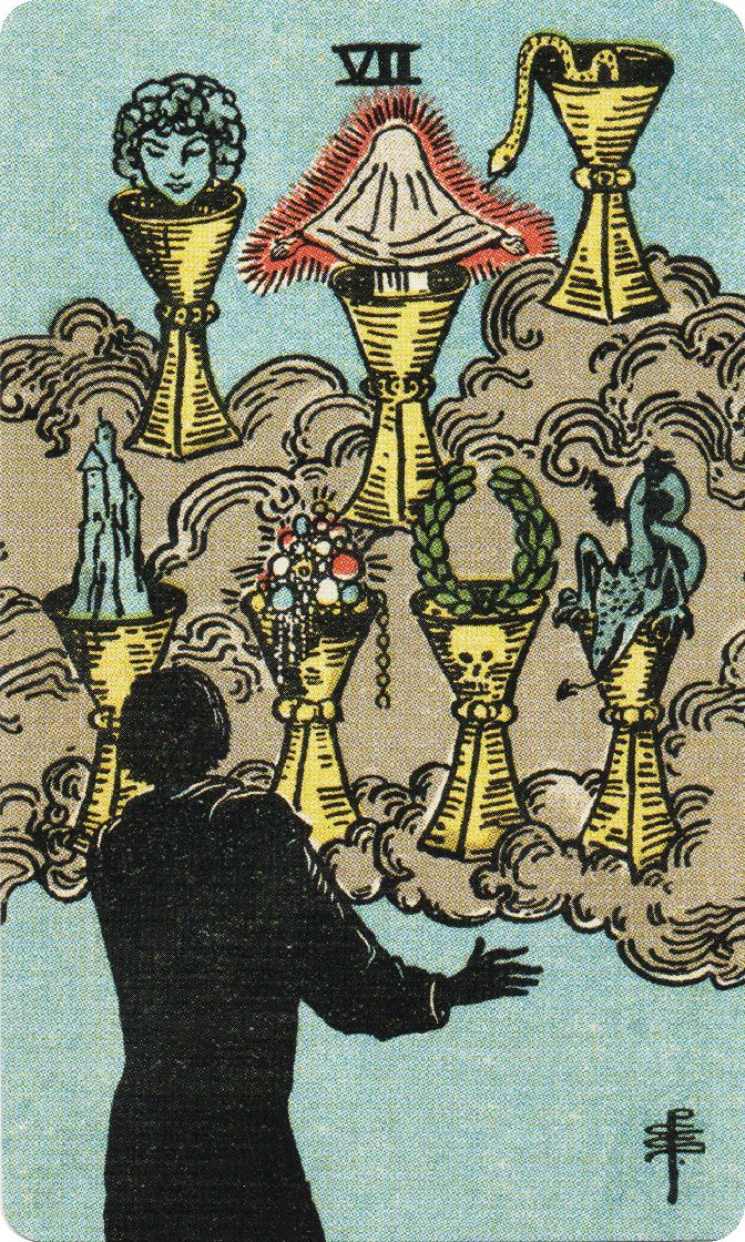 Seven of Cups tarot card from a traditional public-domain deck