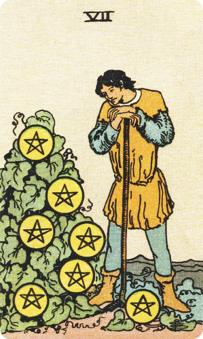 Seven of Pentacles tarot card from a traditional public-domain deck