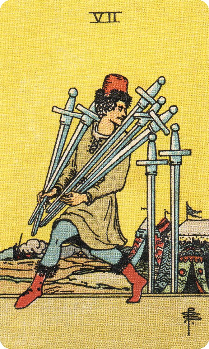Seven of Swords tarot card from a traditional public-domain deck