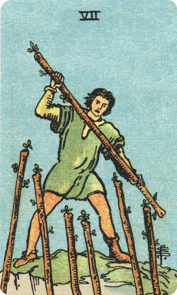 Seven of Wands tarot card from a traditional public-domain deck