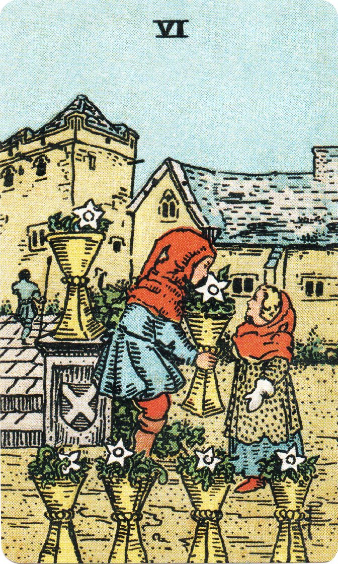 Six of Cups tarot card from a traditional public-domain deck