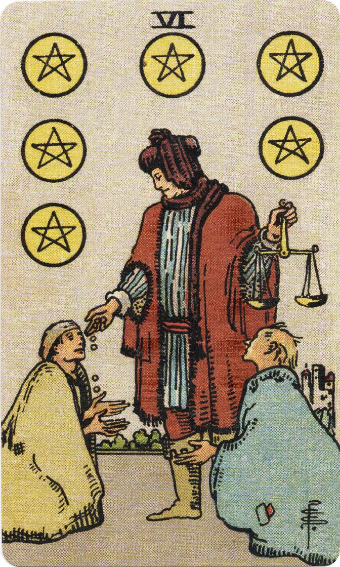 Six of Pentacles tarot card from a traditional public-domain deck