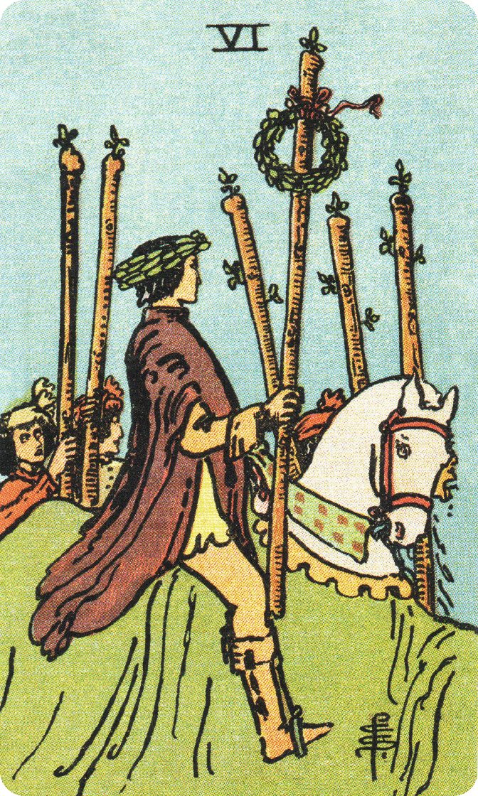 Six of Wands tarot card from a traditional public-domain deck