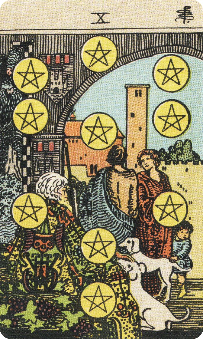 Ten of Pentacles tarot card from a traditional public-domain deck
