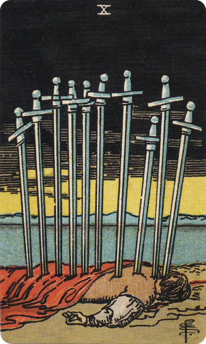 Ten of Swords tarot card from a traditional public-domain deck