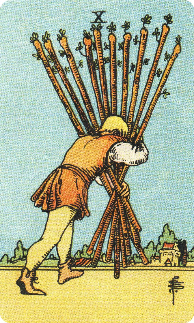 Ten of Wands tarot card from a traditional public-domain deck