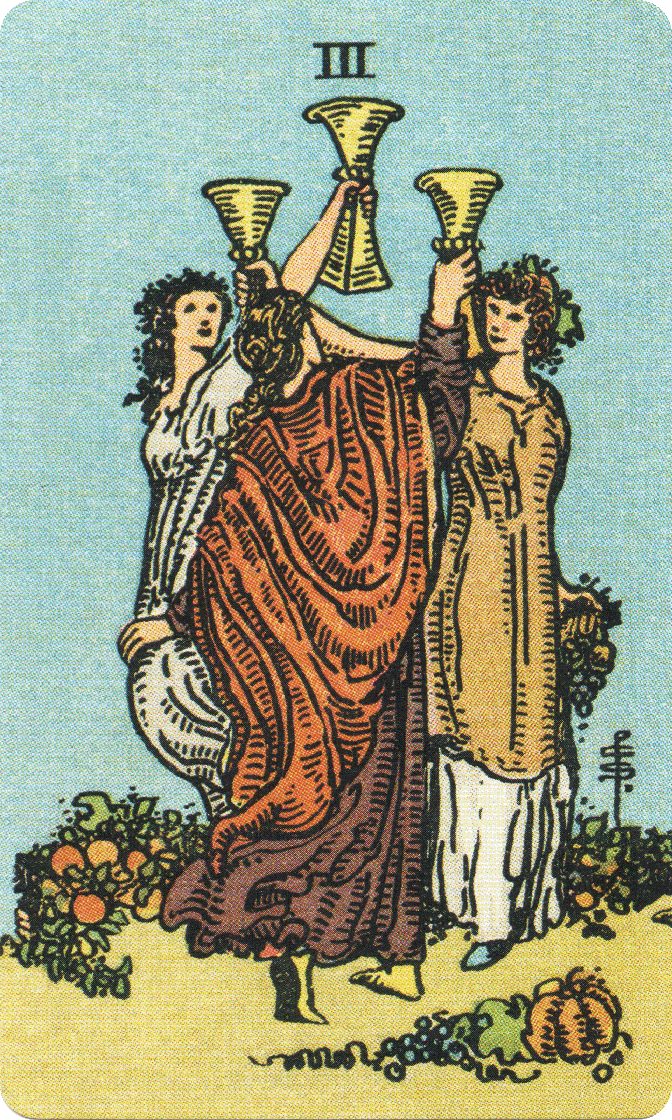 Three of Cups tarot card from a traditional public-domain deck