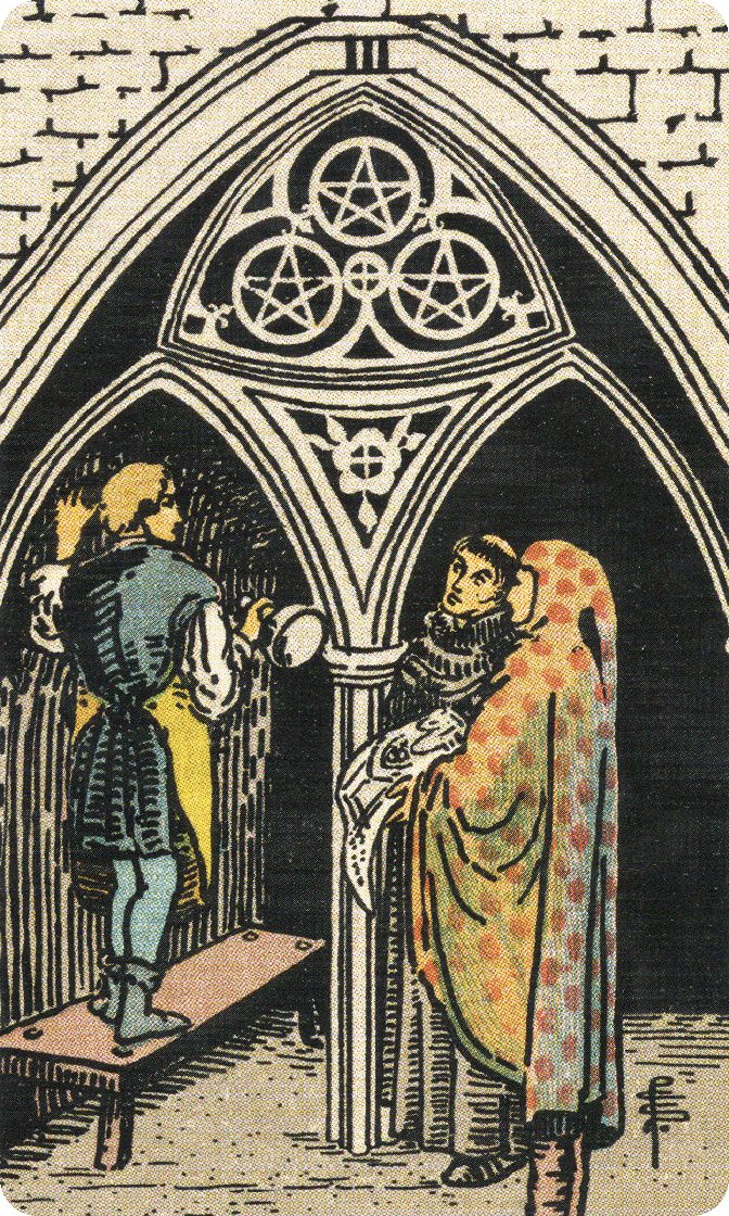 Three of Pentacles tarot card from a traditional public-domain deck